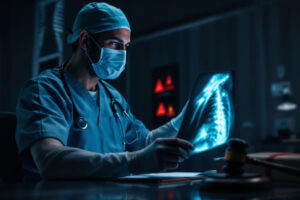 A doctor looking at medical records that could indicate that surgery was not necessary for a patient.