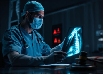 A doctor looking at medical records that could indicate that surgery was not necessary for a patient.