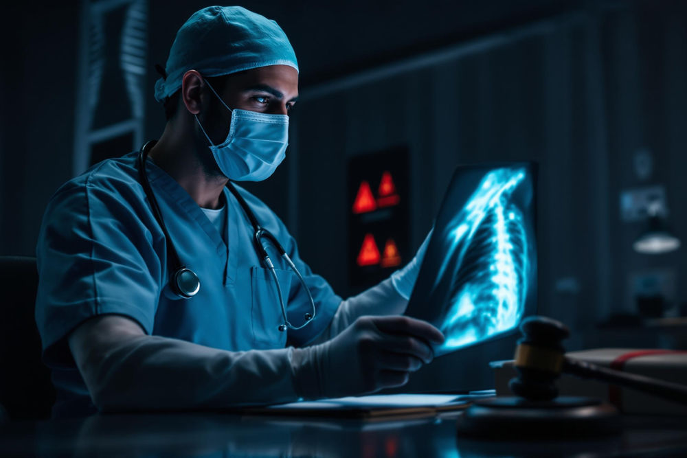 A doctor looking at medical records that could indicate that surgery was not necessary for a patient.