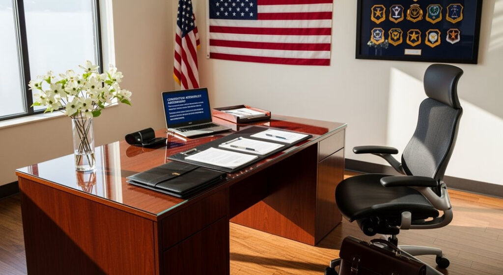 defense base act attorney desk reviewing a denied claim