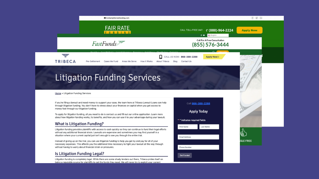 Screenshots of the top 3 litigation funding companies