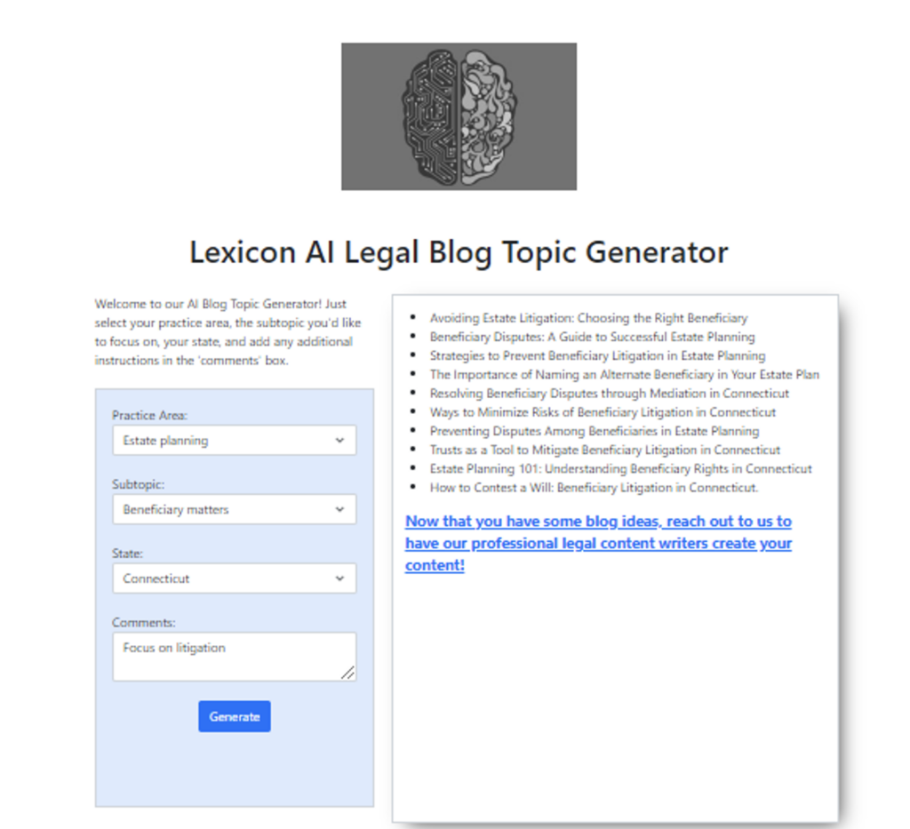Lexicon AI Legal Blog Topic Generator
