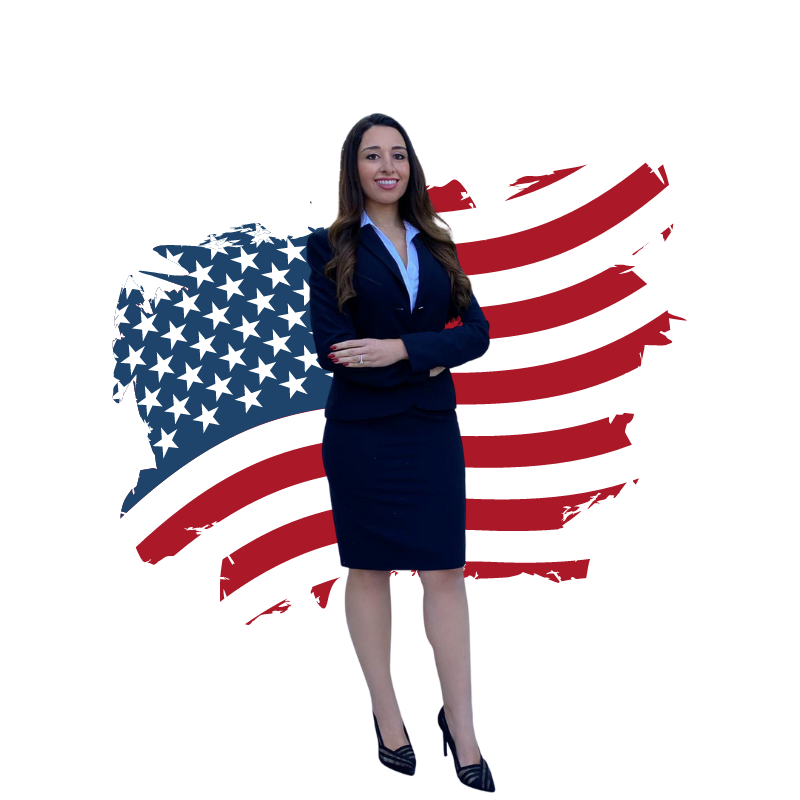 Tina Ghomashchian, Immigration Attorney standing infont of the United States flag