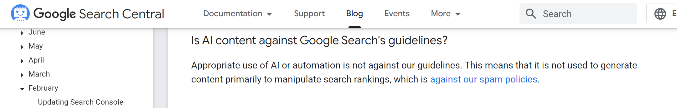 Google Search Central's guidelines answering the question "Is AI content against Google Search's guidelines?" The answer being, "Appropriate use of Ai is not against our guidelines."