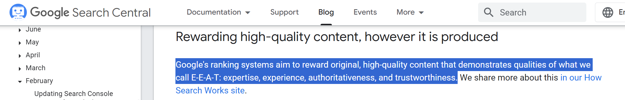 Google Search Central's guidelines reading "Google's ranking systems aim to reward original, high-quality content that demonstrates qualities of what we call E-E-A-T: expertise, experience, authoritativeness, and trustworthiness."