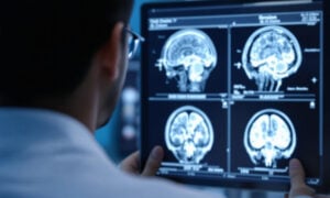 A doctor looking at a brain screen of a patient with wernicke's disease.