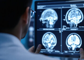 A doctor looking at a brain screen of a patient with wernicke's disease.