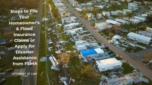 Image displaying the aftermath of the two hurricanes, Helene and Milton that hit back to back with the wording "Steps to File Your Homeowner's & Flood Insurance Claims or Apply for Disaster Assistance from FEMA"