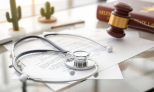 An Arizona doctor's desk with medical malpractice lawsuit paperwork sitting on it.