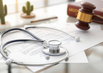 An Arizona doctor's desk with medical malpractice lawsuit paperwork sitting on it.