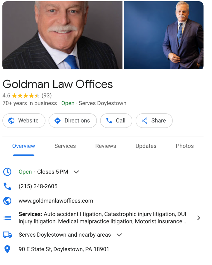 the ethical example of the Google Business Profile for the personal injury attorney in Doylestown, Pennsylvania