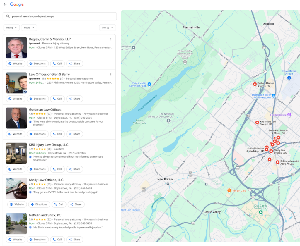 The example of the personal injury law firms in Doylestown, Pennsylvania on Google Maps